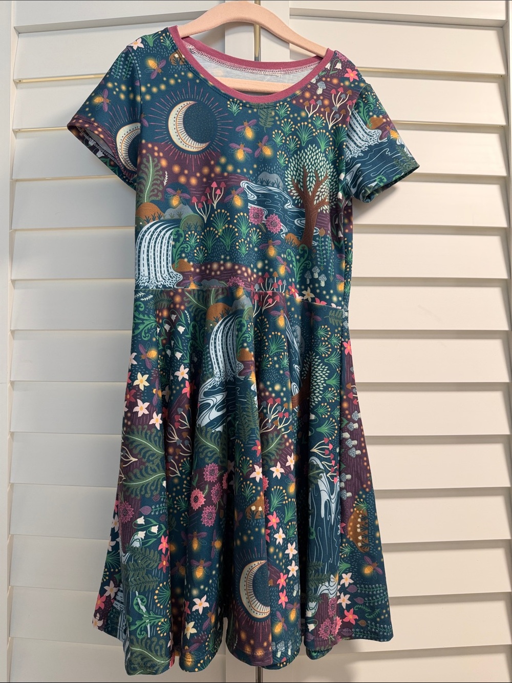 Girls' Teal Moon & Forest Print Twirl Dress with Pink Accents